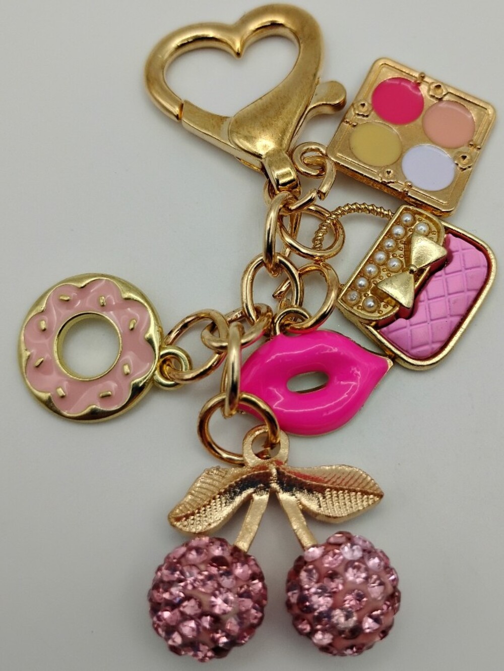 Gold-tone Pink Cherry & Charm Keychain with Lip and Donut Charms BNWOT - Picture 3 of 5